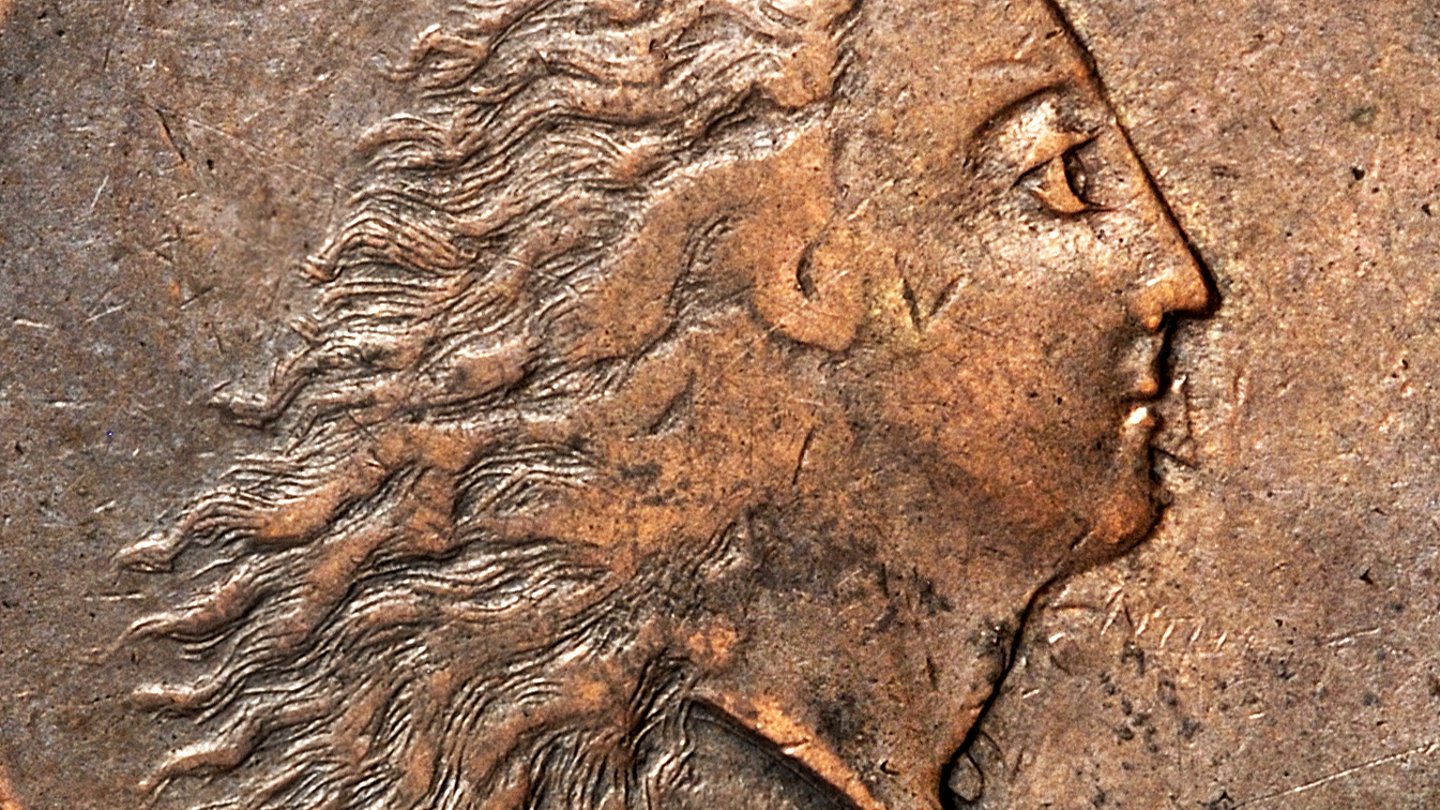 Foto: MUT Bildseite einer Kupfermünze mit einem nach rechts gewandtem Frauenkopf mit wehendem, offenem Haar; über dem Kopf ist der Schriftzug "LIBERTY", unter dem Kopf das Jahr 1793