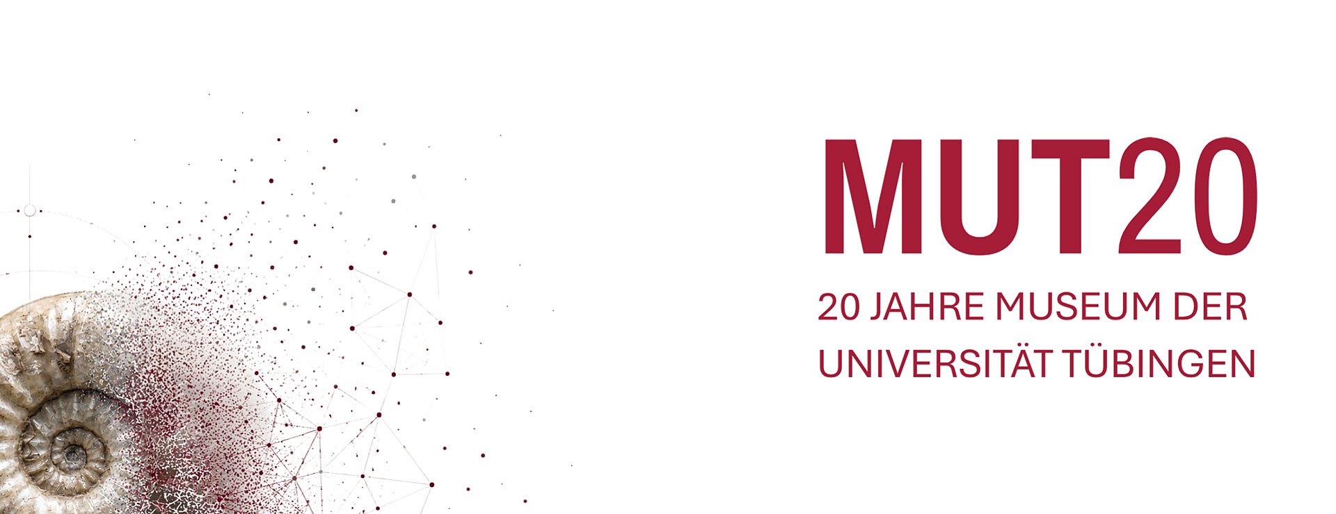 Dark red lettering reading 'MUT20' on a light grey background. In the bottom left-hand corner is the curved outline of an ammonite surrounded by a cloud of dark red dots which thin out towards the top right.