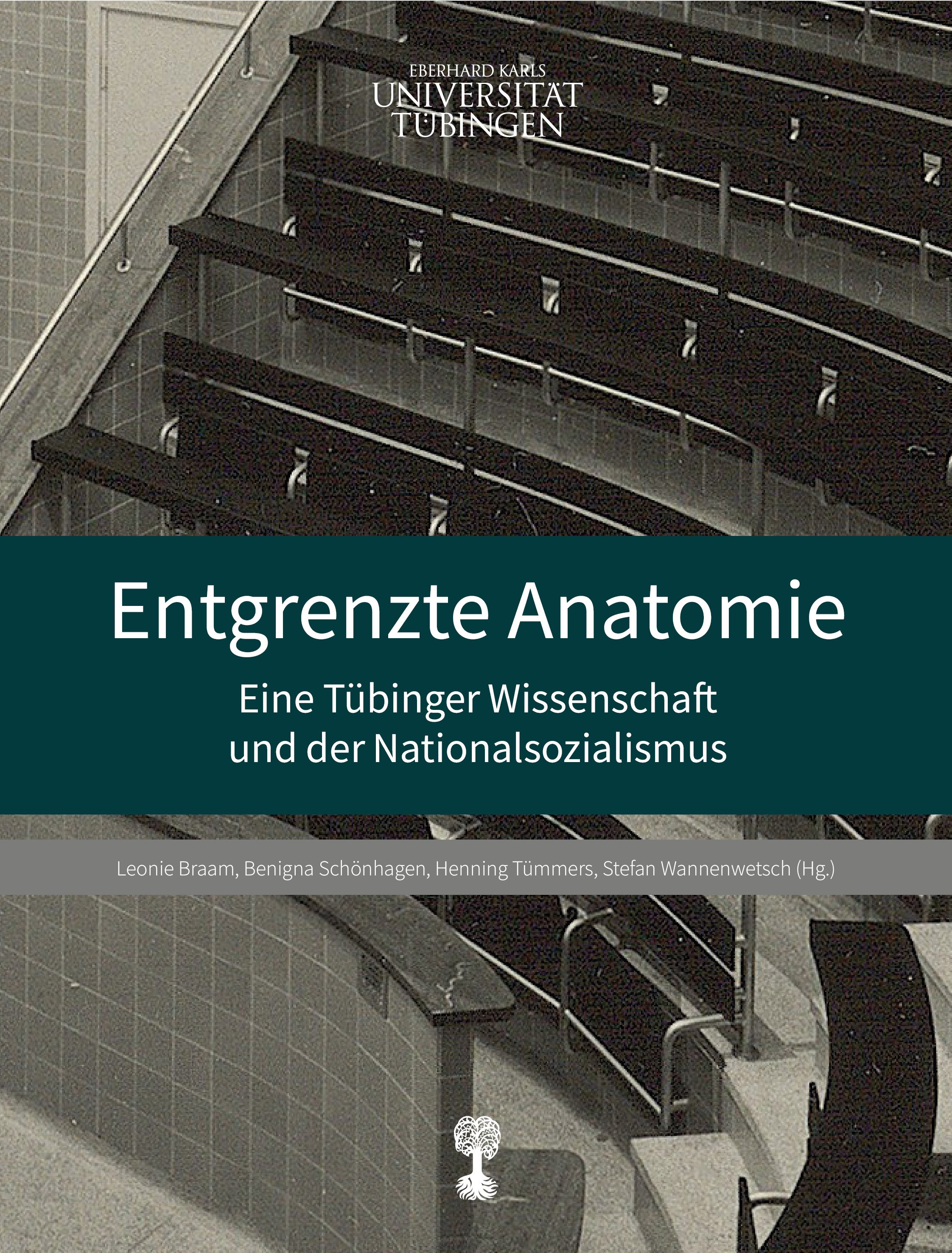 Cover "Entgrenzte Anatomie. Eine Tübinger Wissenschaft und der Nationalsozialismus" vor einem historischen Bildausschnitt des anatomischen Hörsaals 