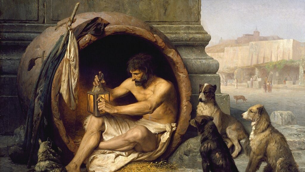Gemälde: Jean-Léon Gérôme, Diogenes (1860) Der nur mit einem Tuch um die Hüften bekleidete Philosoph Diogenes sitzt in einem großen Krug, umringt von Hunden
