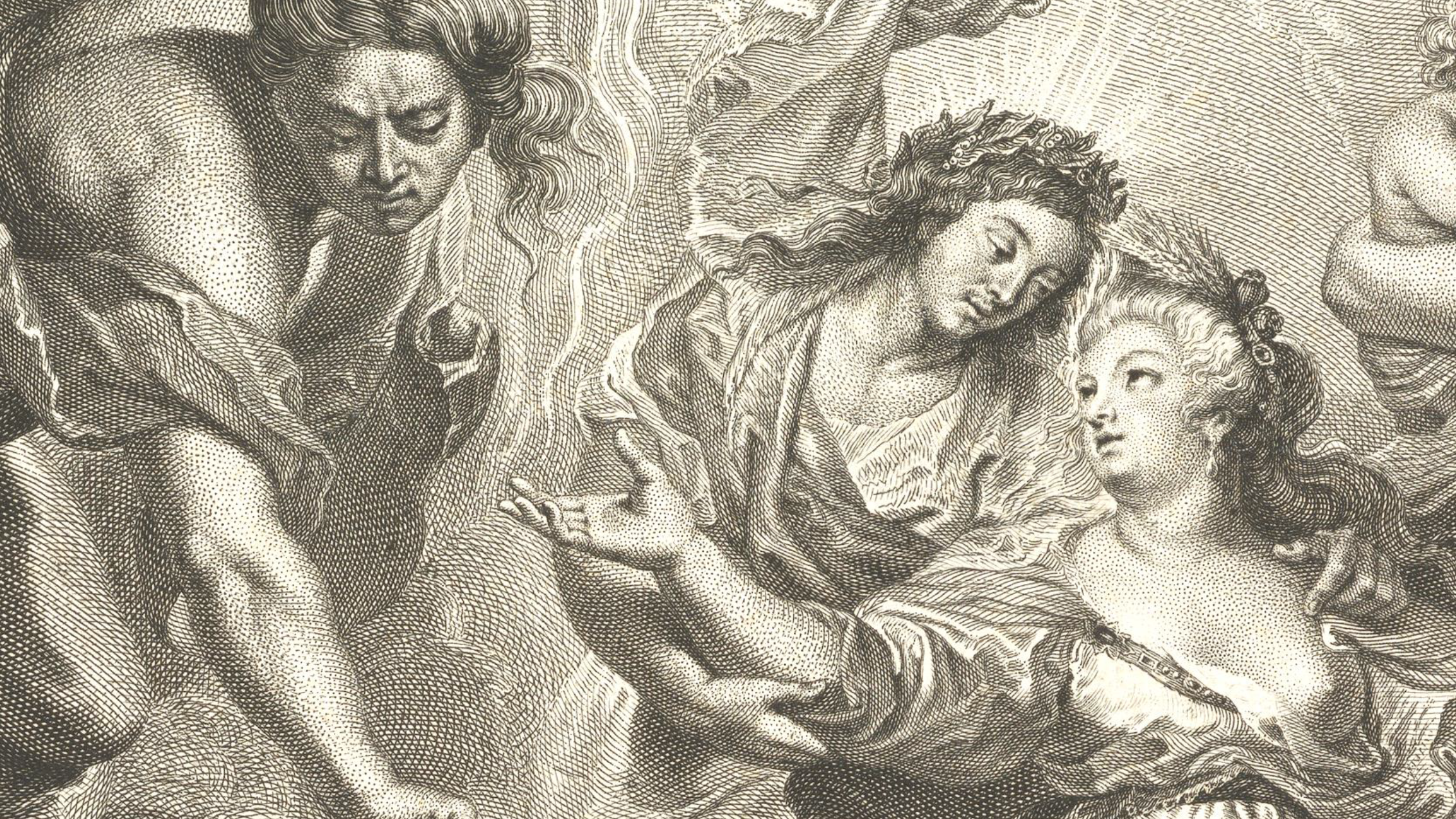 Detail from an engraving depicting the motif of the Medici cycle painting ‘La Paix confirmée dans le Ciel’ with Maria de' Medici, facing left with her hand outstretched and pointing upwards.