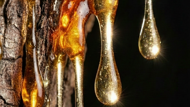 A macro view of tree bark protruding from the left of the image against a black background, secreting golden-orange resin drops.