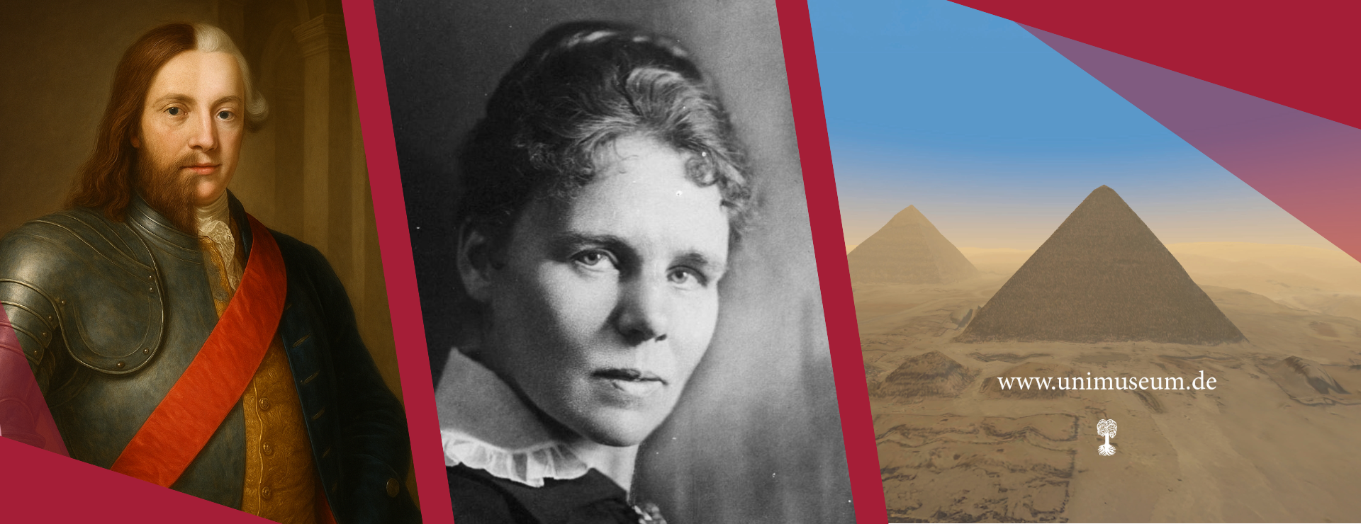 Slider für Onlineausstellungen Drei Bilder von Online-Ausstellungsplakaten, getrennt von schrägen, burgunderfarbenen Elementen (vlnr) eine KI-Verschmelzung von Eberhard im Bart und Karl Eugen, ein Schwarz-weiß-Portrait von Elisabeth Krämer-Bannow und eine 3D-gerenderte Darstellung einer Pyramide mit dem Universitätslogo in Weiß darunter