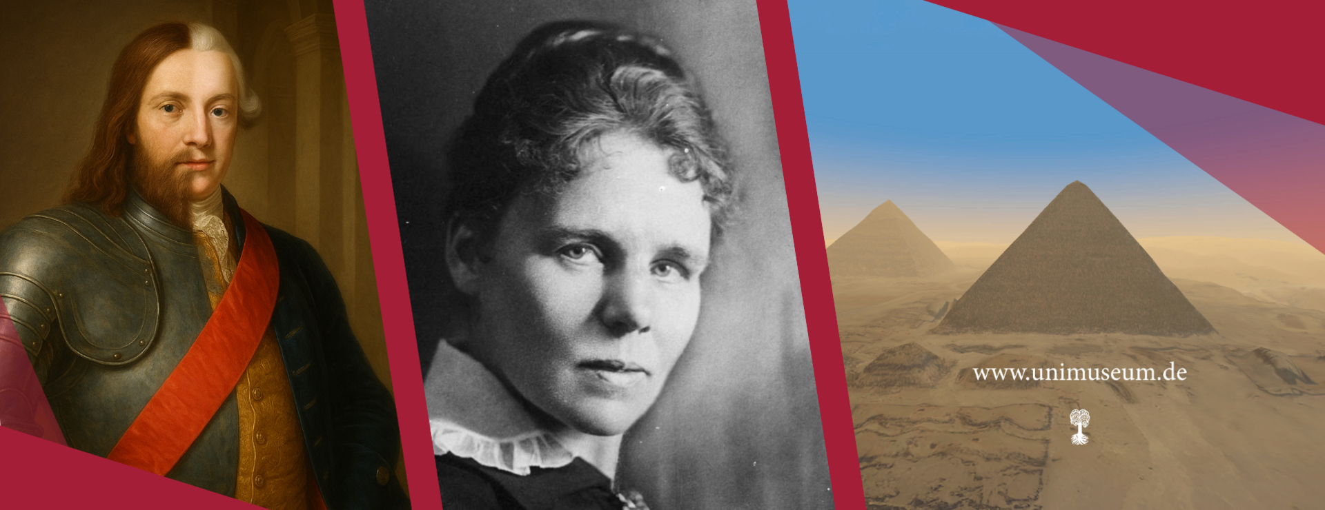 Slider für Onlineausstellungen Drei Bilder von Online-Ausstellungsplakaten, getrennt von schrägen, burgunderfarbenen Elementen (vlnr) eine KI-Verschmelzung von Eberhard im Bart und Karl Eugen, ein Schwarz-weiß-Portrait von Elisabeth Krämer-Bannow und eine 3D-gerenderte Darstellung einer Pyramide mit dem Universitätslogo in Weiß darunter