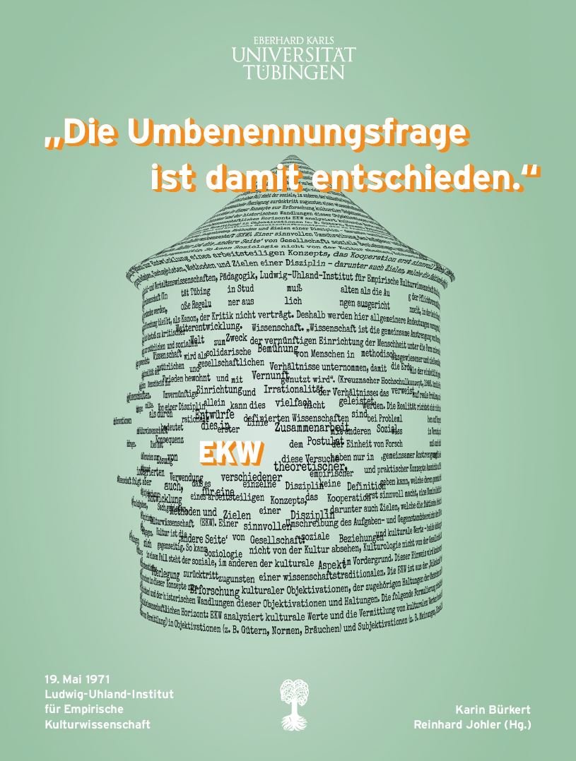 "'Die Umbenennungsfrage ist damit entschieden'. 19. Mai 1971 Ludwig-Uhland-Institut für Empirische Kulturwissenschaft (Schriften des MUT, vol. 21) Cover "Die Umbenennungsfrage ist damit entschieden" against a tower out of lettering