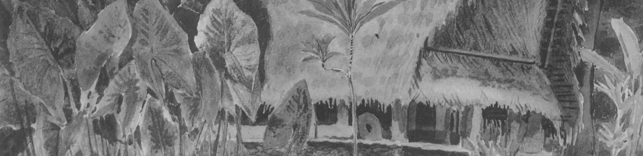 Photo: Elisabeth Krämer-Bannow | public domain Section of a black-and-white rendering of an acquarell painting of Elisabeth Krämer-Bannow, showing an indigenous family home and its tropical surrounding