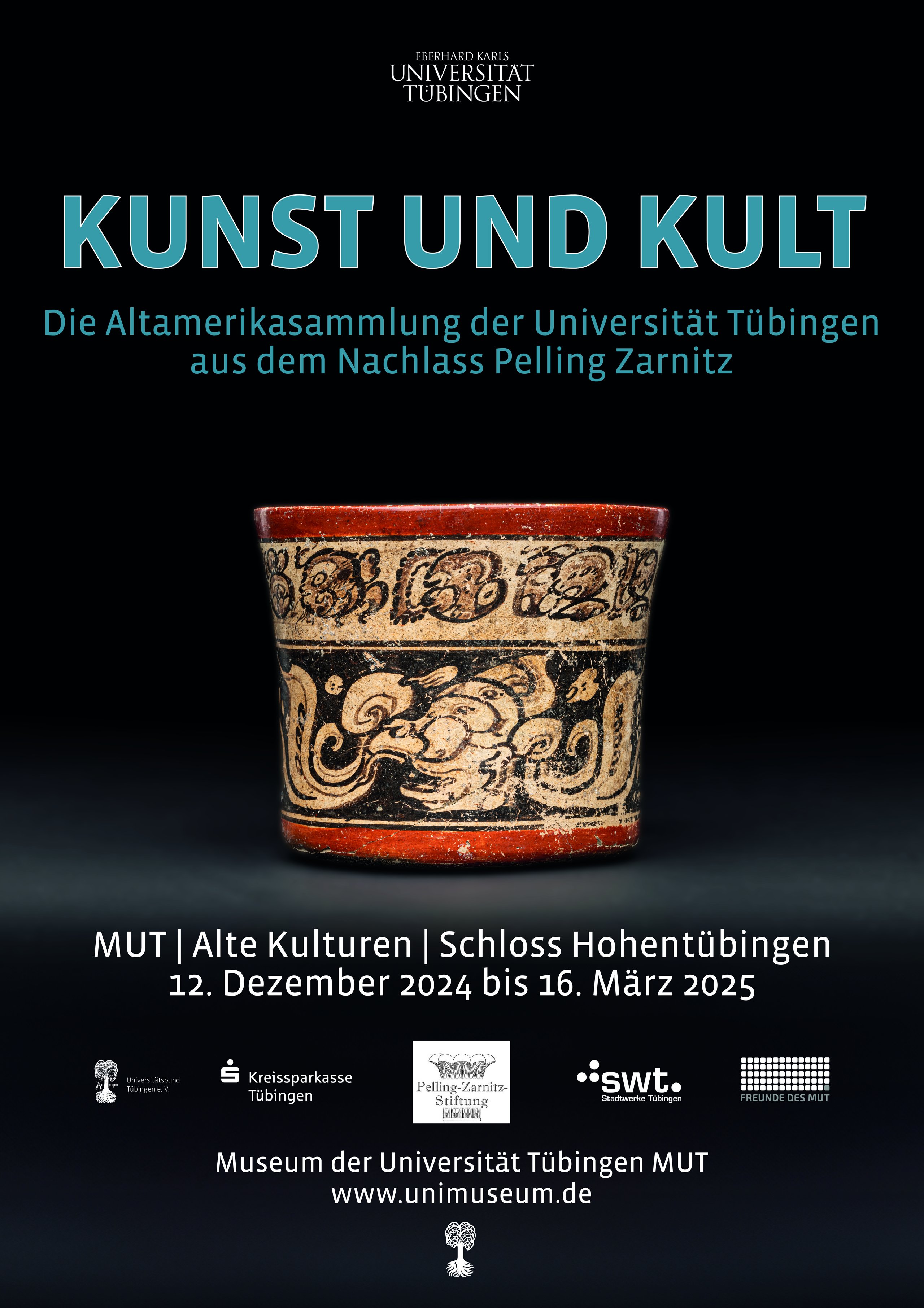 Poster of the special exhibition with the German title "Kunst und Kult" (Art and Cult" and a Mayan cocoa mug in the center