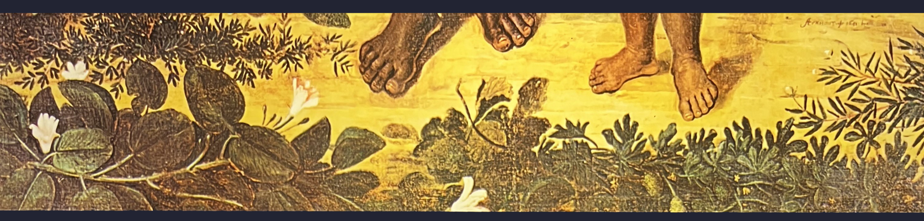 Section of a coloured drawing with floral border and dark-skinned feet