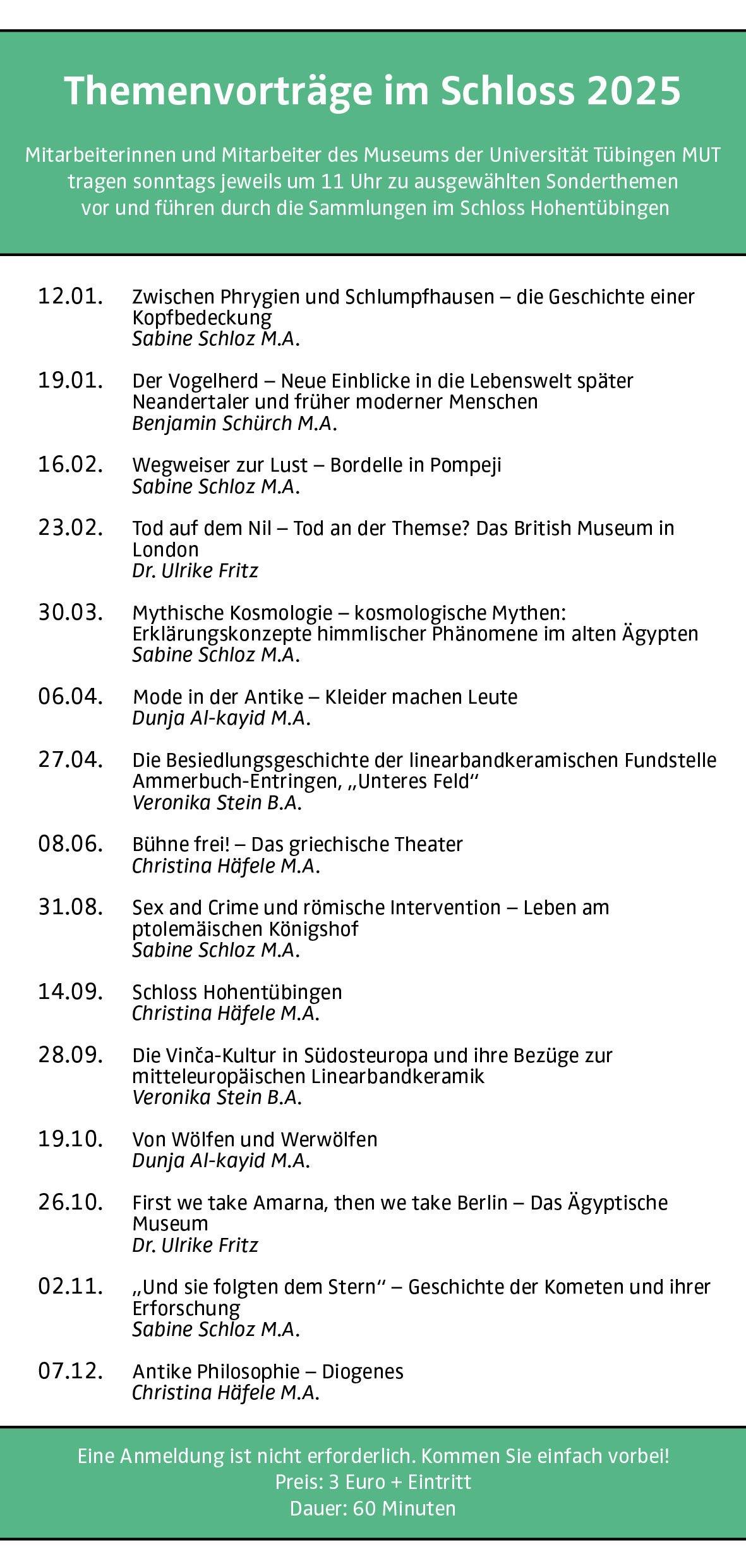 Programmflyer der Themenvorträge mit den im Beitragstext transkribierten Daten, Vortragstiteln und Vortragenden