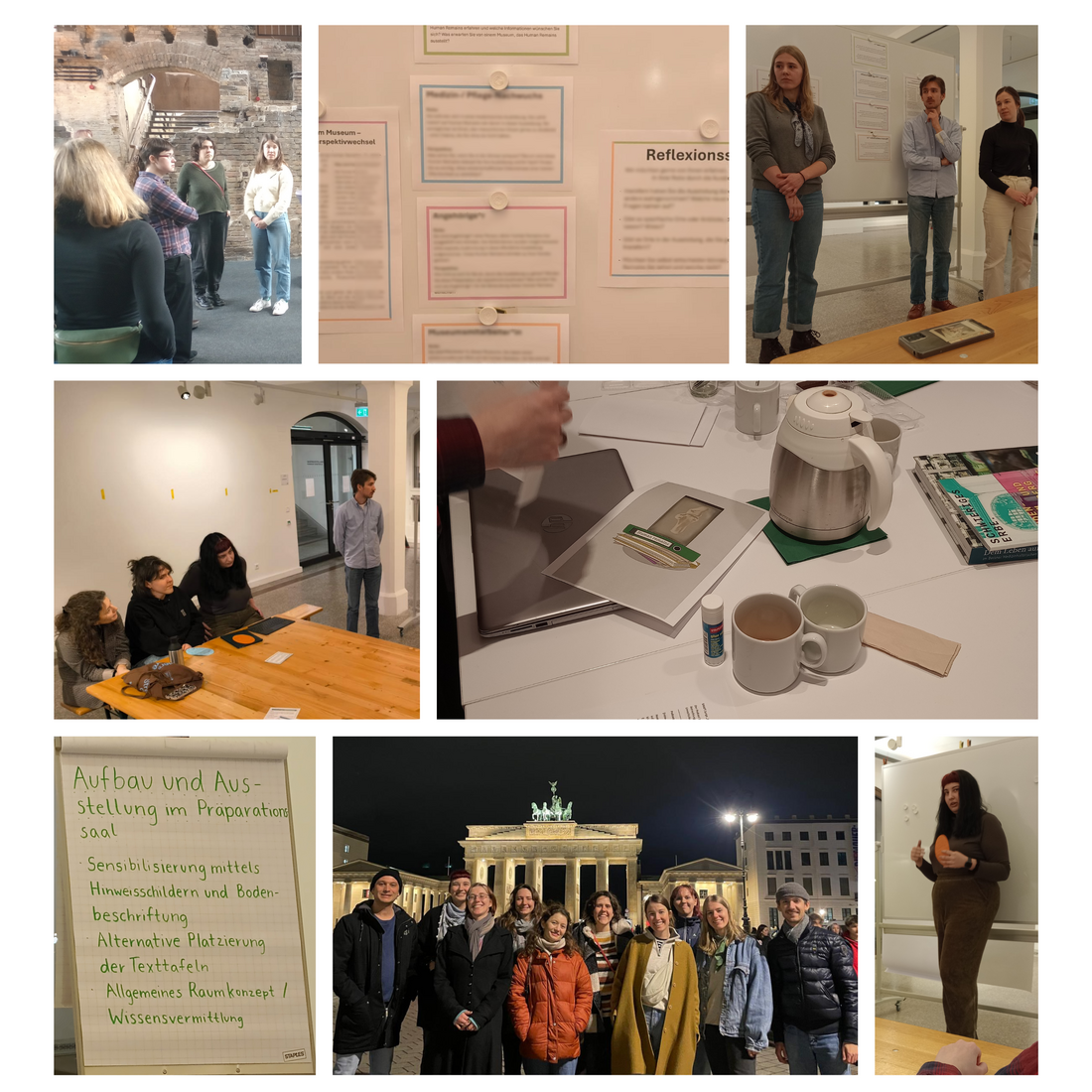 Collage aus acht Bildern mit zuhörenden oder vortragenden Studierenden, einem Gruppenbild vor dem Brandenburger Tor, einem Arbeitstischt mit Notizzetteln und Kaffeebechern, einem beschriebenem Flipchart und einem Whiteboard mit aufgehängten Ausdrucken mit farbig gerahmtem Text