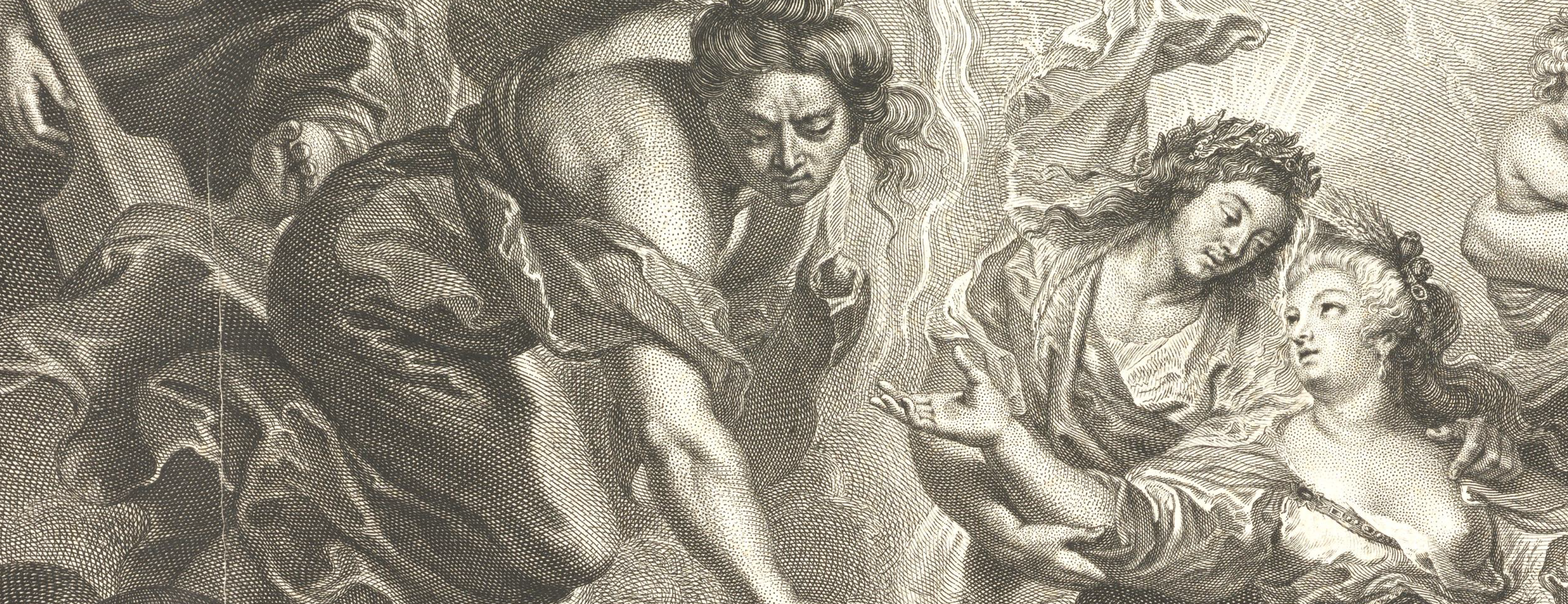 Ausschnitt aus einem Stich mit dem Motiv des Medici-Zyklus-Gemäldes "La Paix confirmée dans le Ciel" mit Maria de' Medici, nach links gewandt und mit ausgestreckter, nach oben gewandter Hand