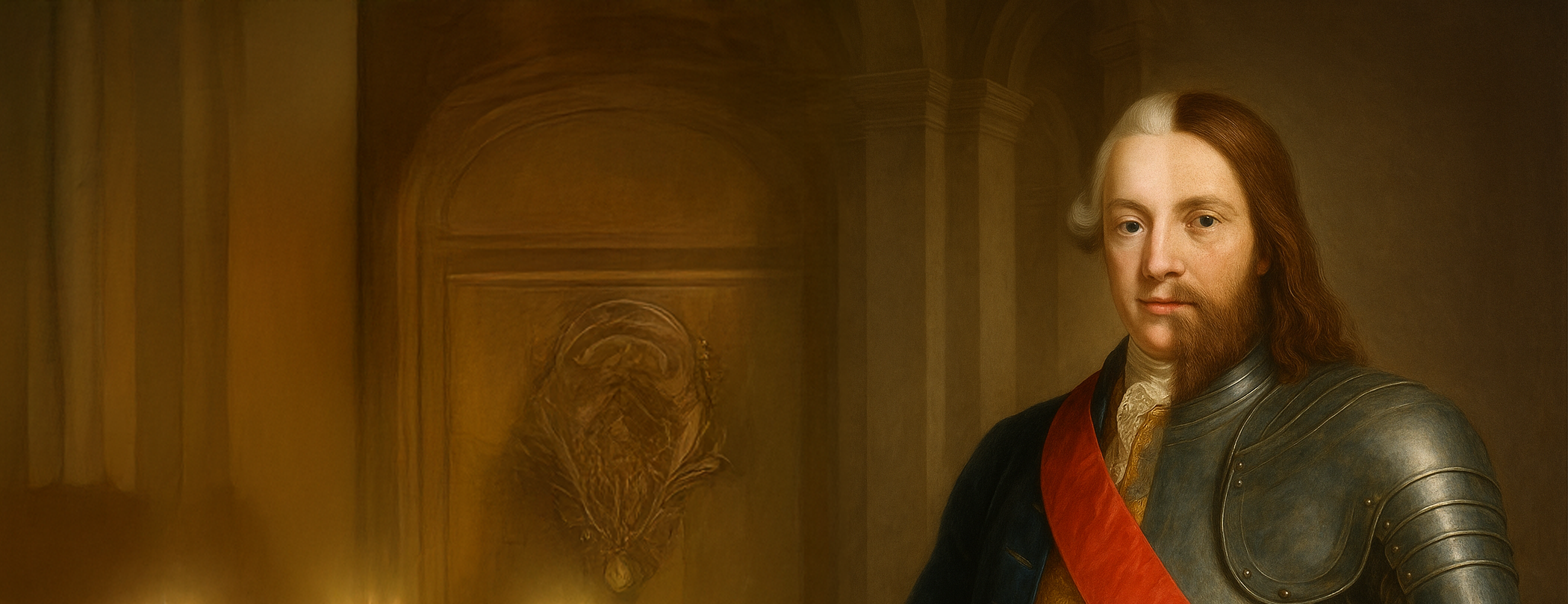 KI-generierte Verschmelzung der Namenspatrone der Universität Tübingen in einer Büste, mit Herzog Karl Eugen zur linken und Eberhard im Bart zur rechten Seite des Portraits; nach Links erweitert sich das Bild mit generischen braunen Holzpaneelen